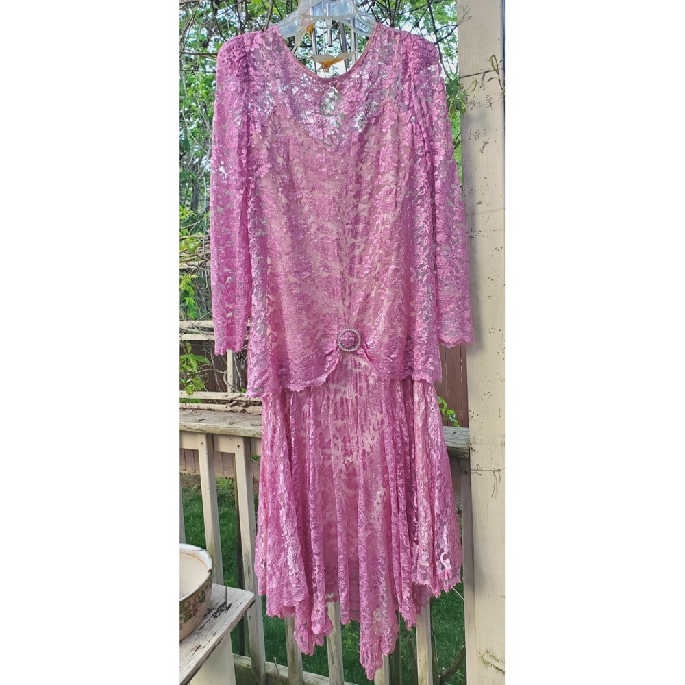 VTG JC Penney 80's Dress Women's Pink Lace Overlay Flare Handkerchief Hem‎ MOB